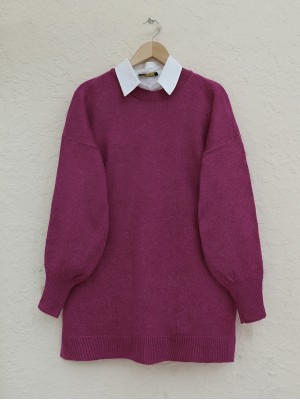 Round Neck Balloon Sleeve Casual Knitted Sweater -Damson