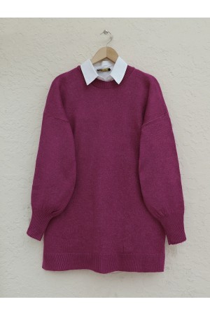 Round Neck Balloon Sleeve Casual Knitted Sweater -Damson