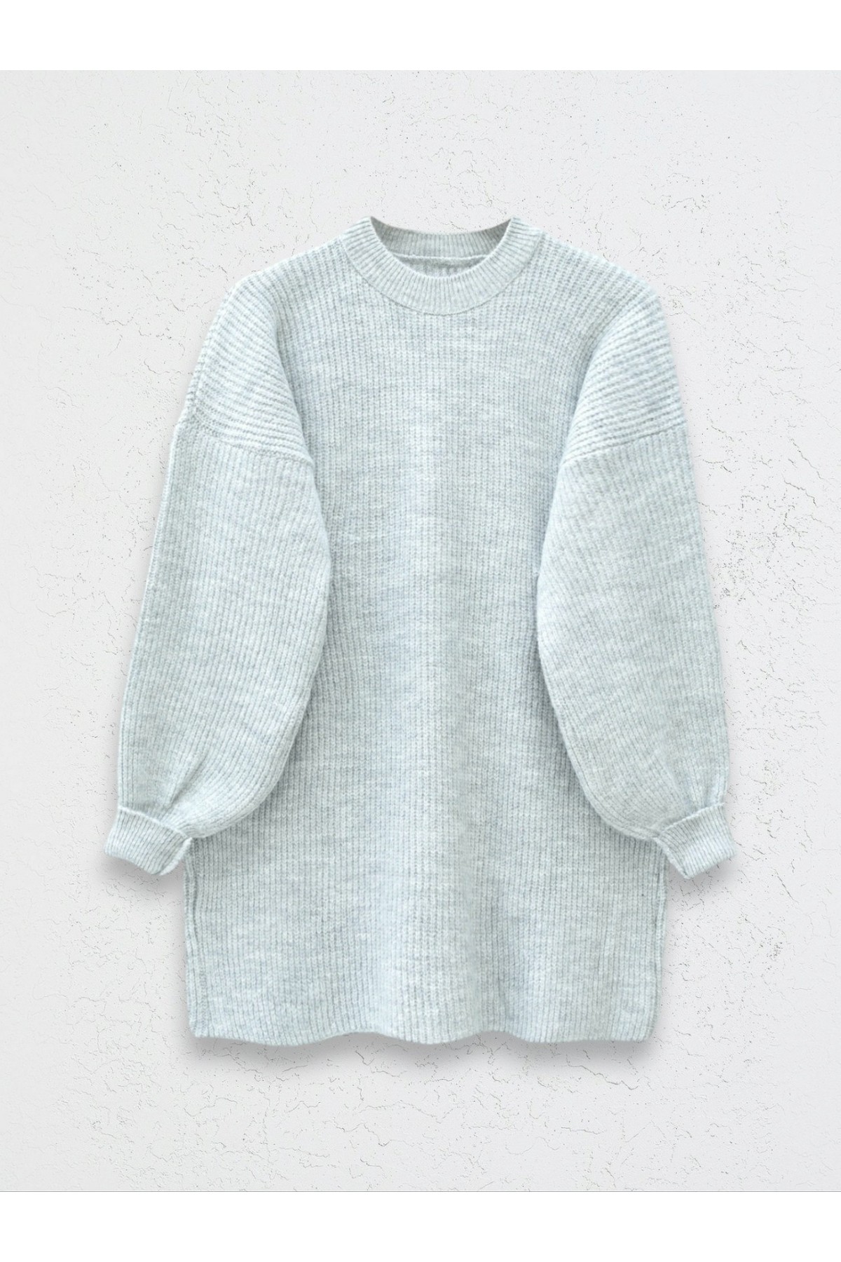 Round Neck Loose Knit Tunic - Light grey