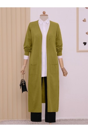 Cepli Tesettür Uzun Hırka  -Yağ Yeşili