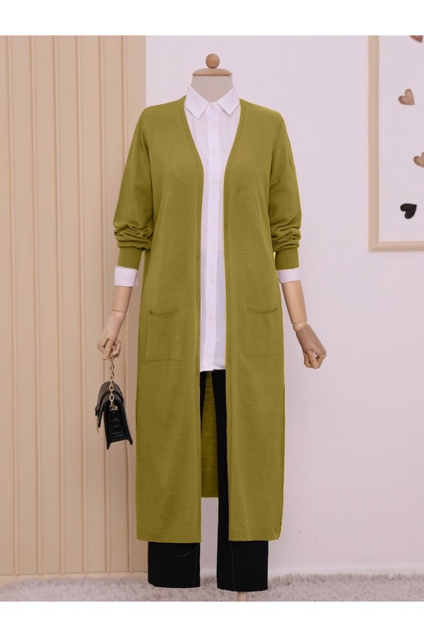 Pocket Hijab Long Cardigan  -Oil Green