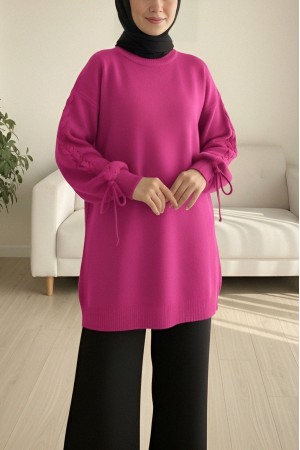 Round  Neck Knitted Detailed Sweater -Fuchsia