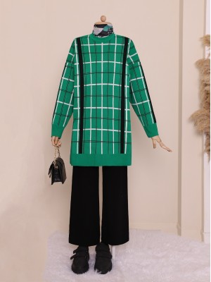 Kare Desenli Çift Kat Salaş Triko Tunik -Yeşil