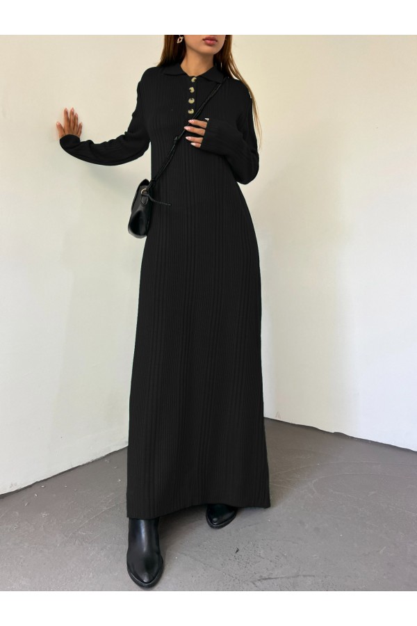Polo Neck Buttoned Knitwear Dress -Black