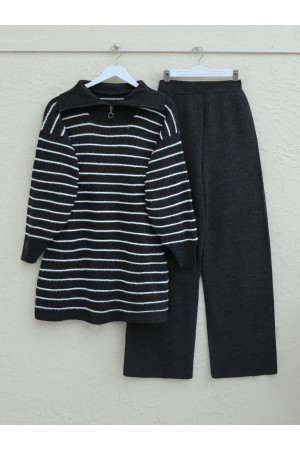 Fitilli Yarım Boğazlı Fermuarlı Triko Takım -Antrasit