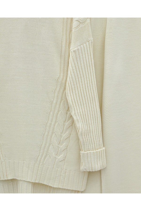Knitted Patterned Long Back Knitwear Suit -Ecru