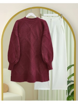 Baklava Desenli Yumoş Triko Tunik -Bordo