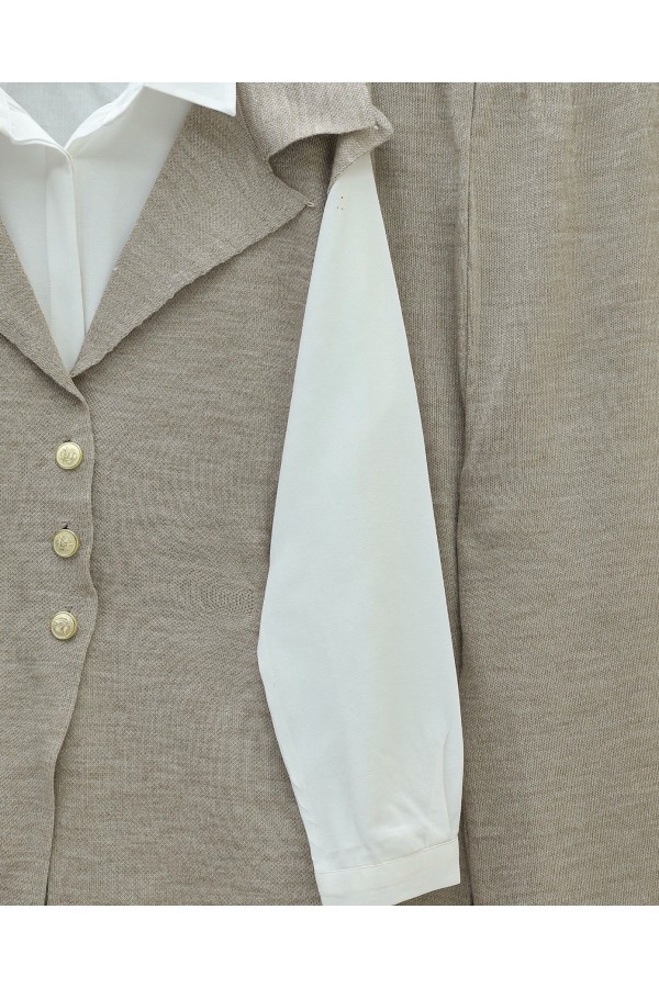 Buttoned V-Neck Vest and Trousers Knitwear Set -Light Mink