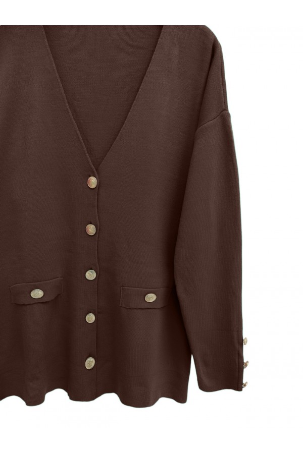 Metal Buttoned Cardigan with Pocket Detail -Brown