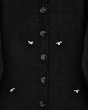 Soft Cardigan with Buttoned Flower Details -Black
