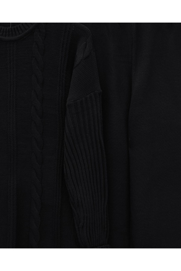 Hair Knitting Pattern Sleeve Button Detailed Knitwear Suit -Black