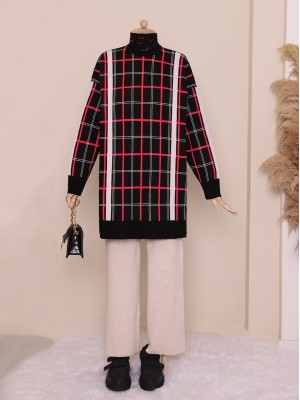 Kare Desenli Çift Kat Salaş Triko Tunik -Siyah