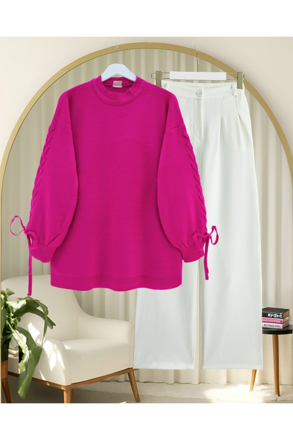 Round  Neck Knitted Detailed Sweater -Fuchsia