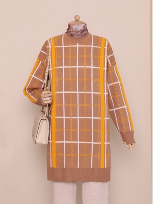 Kare Desenli Çift Kat Salaş Triko Tunik -Vizon