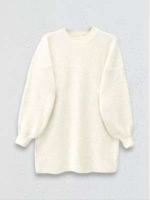  Yuvarlak Yaka Salaş Triko Tunik -Ekru