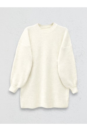  Yuvarlak Yaka Salaş Triko Tunik -Ekru