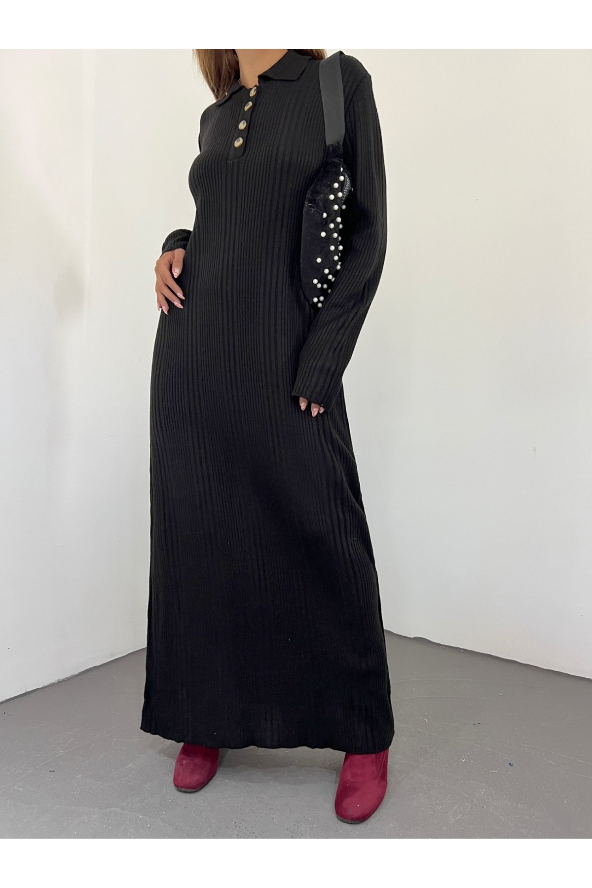 Polo Neck Buttoned Knitwear Dress -Black