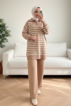 Balıkçı Yaka Fermuarlı Çizgili Triko Takım -Vizon