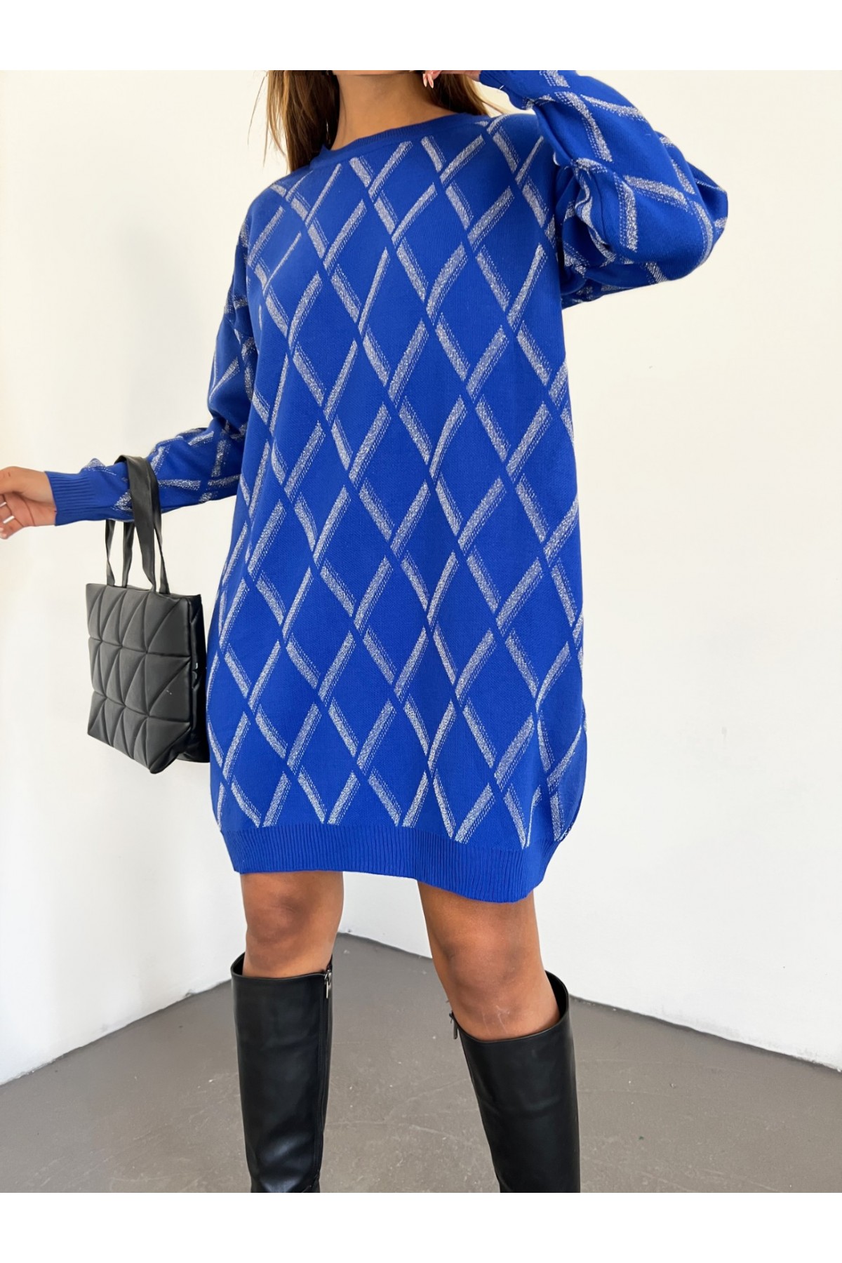 Glitter Checkered Knitwear Tunic -Saxe 