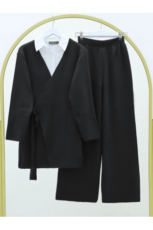 Önü Bağcıklı Hırkalı Triko Takım -Siyah