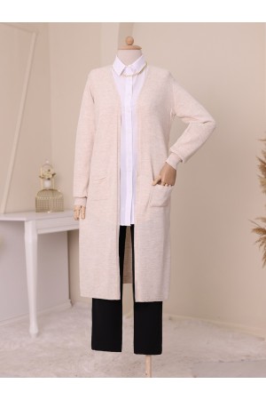 Pocket Hijab Long Cardigan -Stone