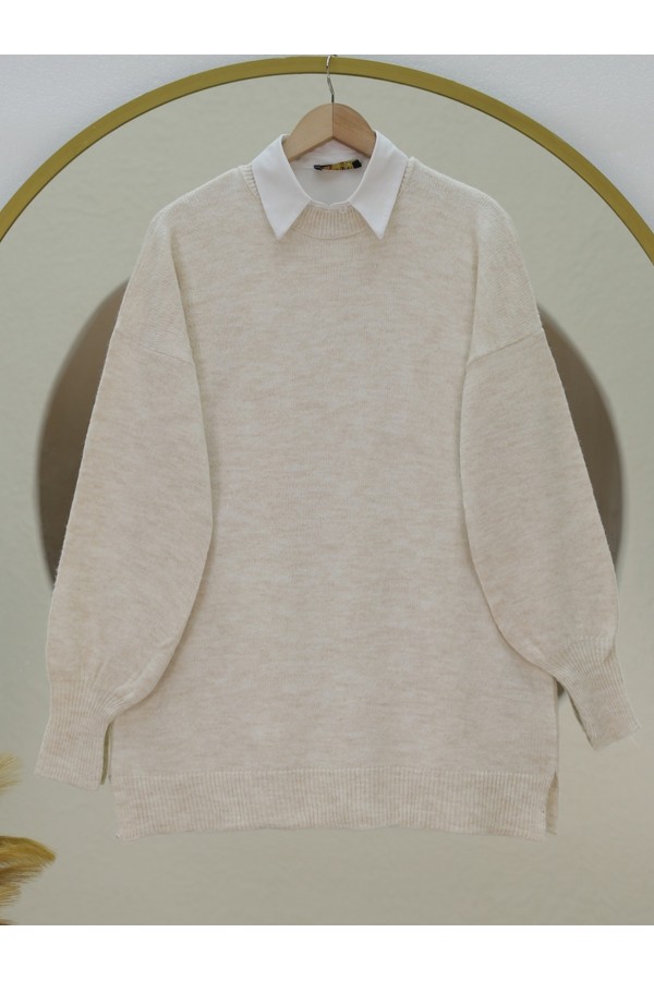 Yuvarlak Yaka Balon Kol Salaş Triko Kazak  -Taş