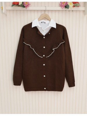Frilled Front Pearl Buttoned Knitwear Cardigan -Brown