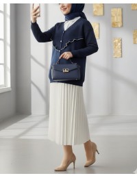 Önü Fırfırlı İncili Düğmeli Triko Hırka -İndigo