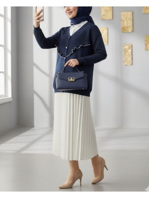 Önü Fırfırlı İncili Düğmeli Triko Hırka -İndigo