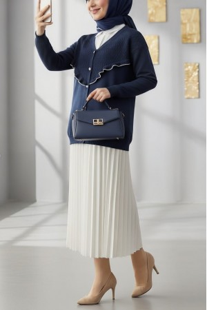 Frilled Front Pearl Buttoned Knitwear Cardigan -İndigo