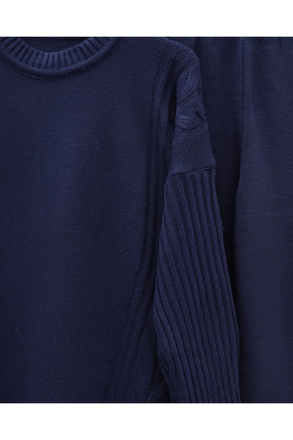 Knitted Patterned Long Back Knitwear Suit -Navy blue