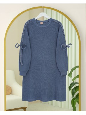 Omuzu Saç Örgülü Salaş Triko Tunik -İndigo