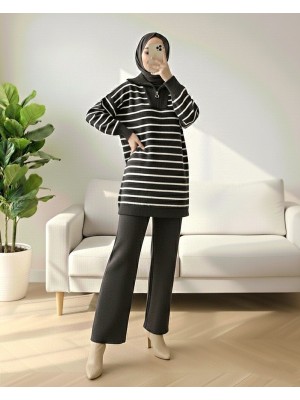 Balıkçı Yaka Fermuarlı Çizgili Triko Takım -Antrasit