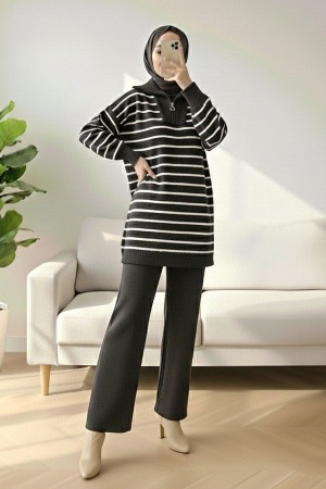 Balıkçı Yaka Fermuarlı Çizgili Triko Takım -Antrasit
