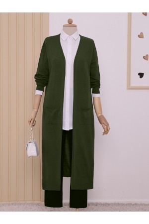 Cepli Tesettür Uzun Hırka  -Haki