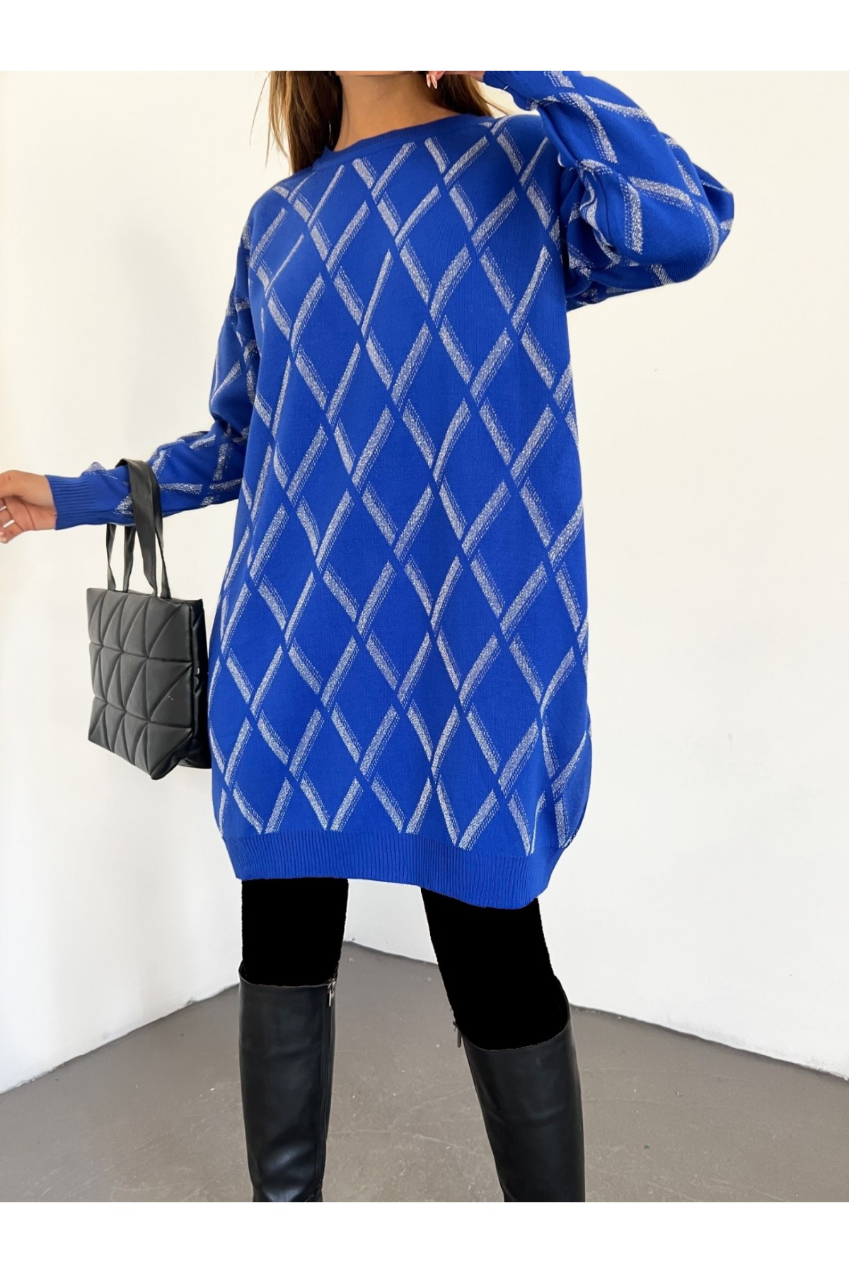 Glitter Checkered Knitwear Tunic -Saxe 
