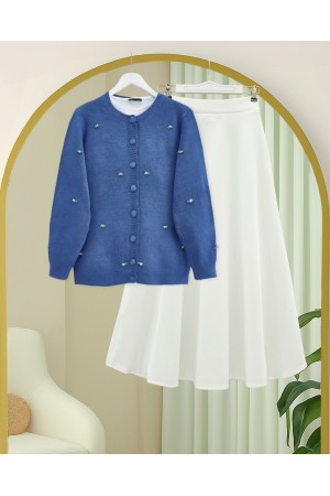 كارديجان ناعم مع تفاصيل زهور بأزرار -أزرق