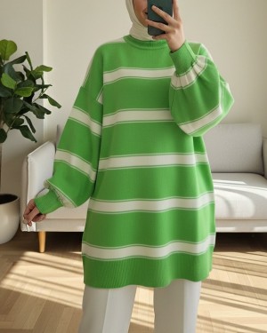 Çizgili Yarım Boğazlı Balon Kol Triko Tunik  -F.Yeşili