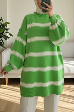 Çizgili Yarım Boğazlı Balon Kol Triko Tunik  -F.Yeşili