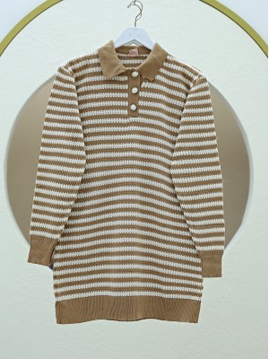 Polo Yaka Düğmeli Triko Kazak -Vizon