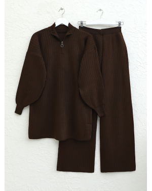 Yarım Boğazlı Fermuarlı Triko Takım -Kahve