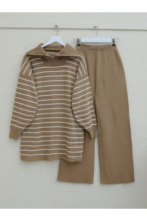 Fitilli Yarım Boğazlı Fermuarlı Triko Takım -Vizon