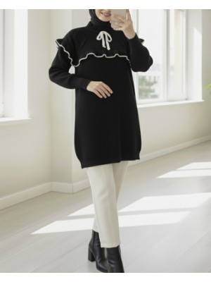 Yakası Fırfırlı Bağcıklı Triko Tunik -Siyah