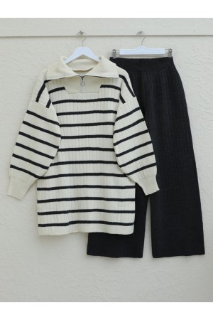 Yakası Fermuarlı Çizgili Triko Takım -Antrasit