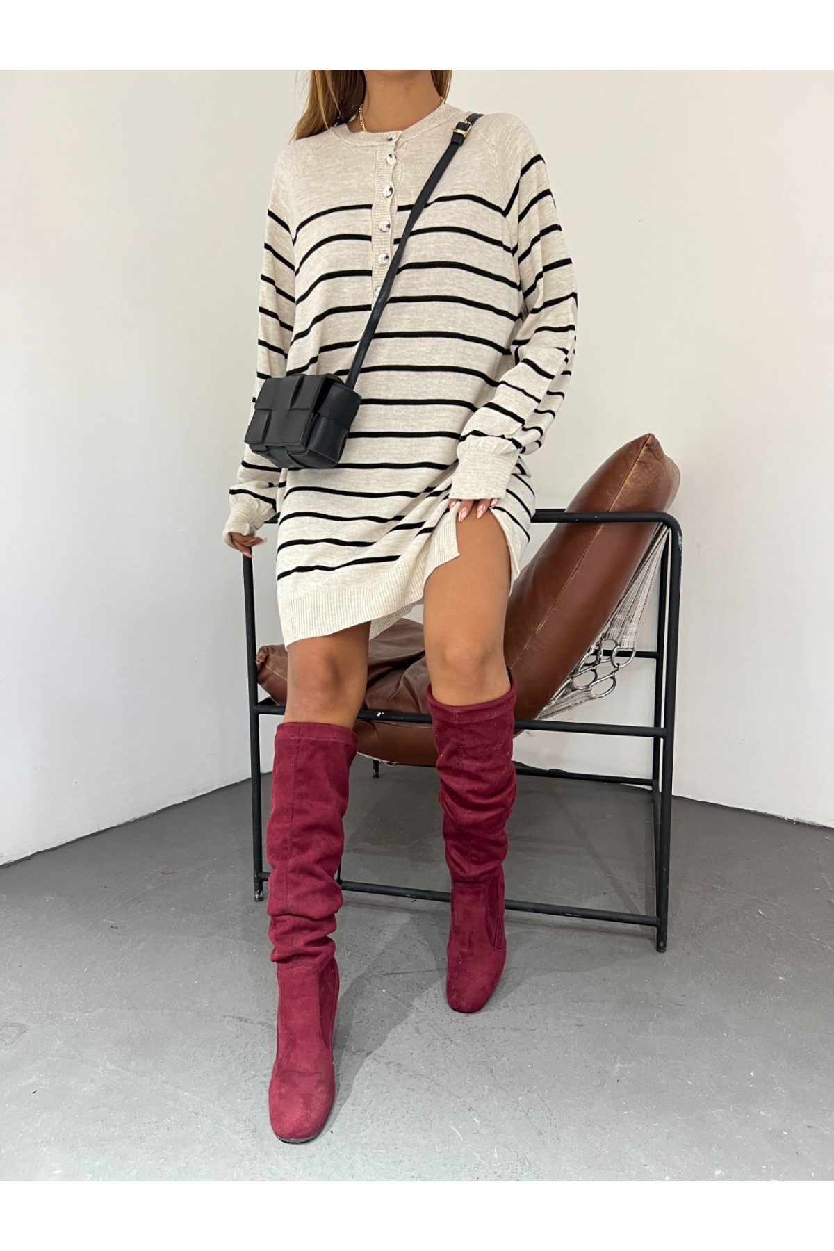 Half Button Slit Knitwear Tunic -Stone