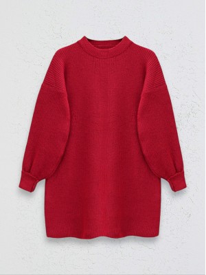 Round Neck Loose Knit Tunic -Red