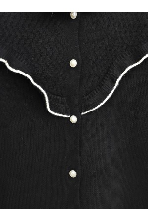 Frilled Front Pearl Buttoned Knitwear Cardigan -Black