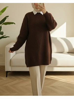 Yürütme Örgü Baklava Desenli Triko Tunik   -K. Kahve