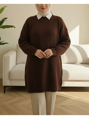 Yürütme Örgü Baklava Desenli Triko Tunik   -K. Kahve