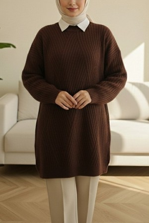 Execution Knitting Diamond Patterned Knitwear Tunic   -Dark Coffee